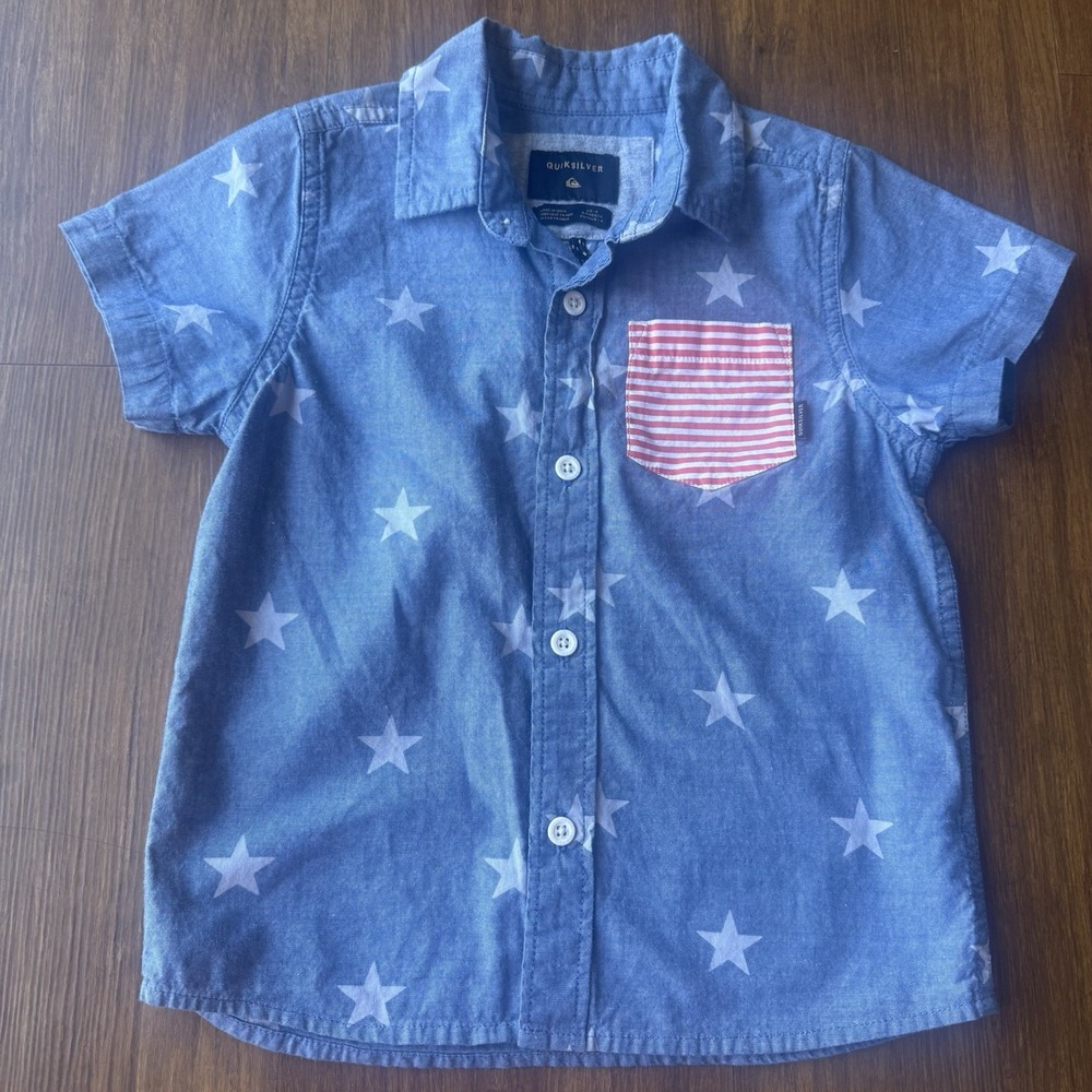 Quiksilver Shirt Set Boys 4T Patriotic Red White Blue Flag 4th Collar Button Tee - Picture 2 of 15